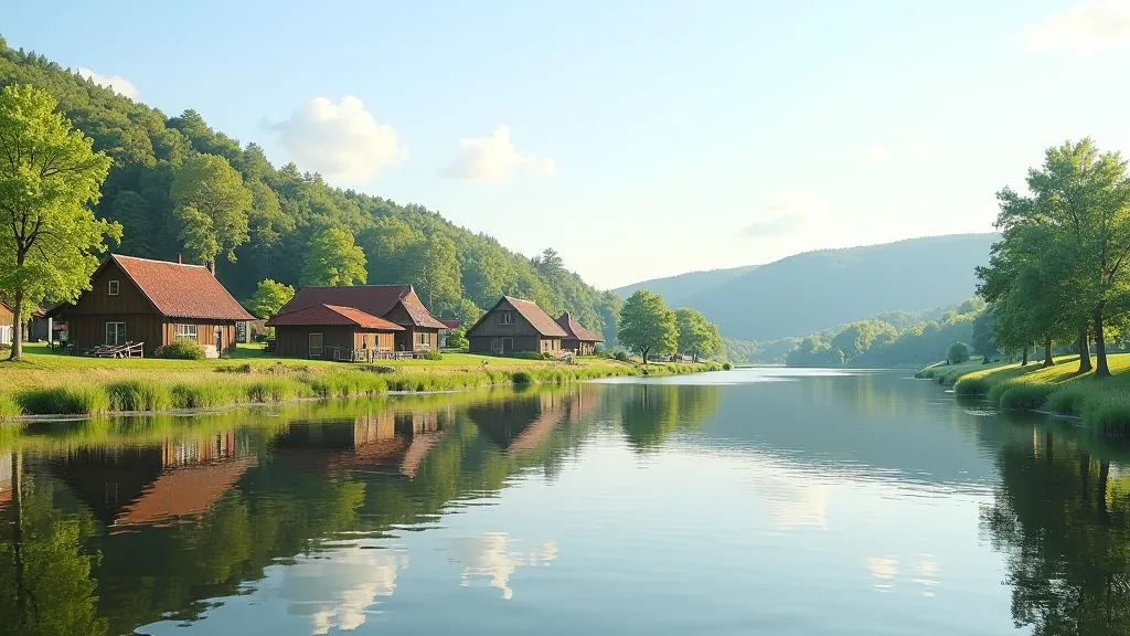 Mažas kaimelis ežero pakraštyje, tradiciškos sodybos, ramybė